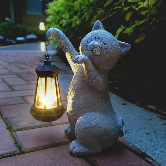 Cat Solar Garden Statues,Resin Cat Figurine Decorations with Solar Lights Lantern, Outdoor Figurines Lawn Cats Statue Decor Art for Lawn,Yard, Balcony Ornament,Gift for Garden Home Mom.-VerdiqueGarden