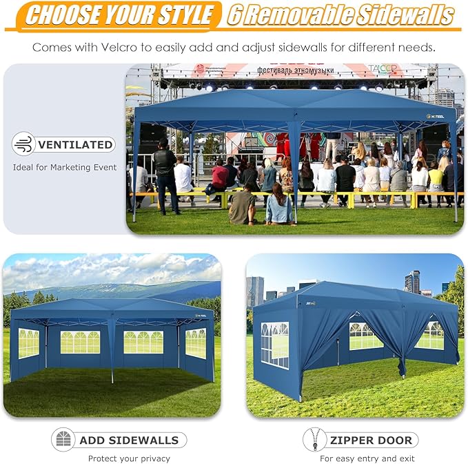 HOTEEL 10x20 Pop up Canopy with 6 Sidewalls, One Push Instant Setup Outdoor Canopy Tent with Reinforce Rod, Weight Bag, for Parties, Events, Blue-VerdiqueGarden