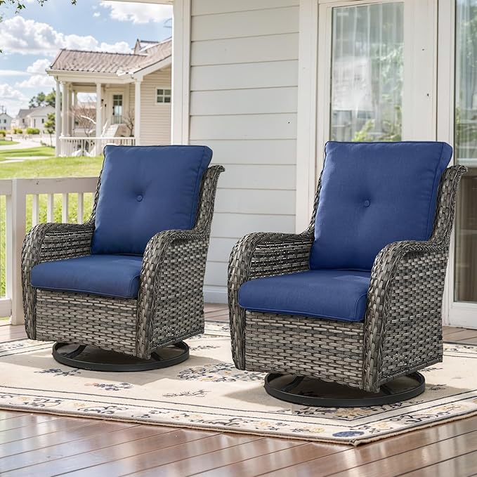 Outdoor Swivel Rcoker Patio Chairs - Outdoor Swivel Patio Chairs Set of 2 Wicker Chair Patio Furniture Sets with Covered Cushion for Porch Deck Balcony Garden, Blue-VerdiqueGarden