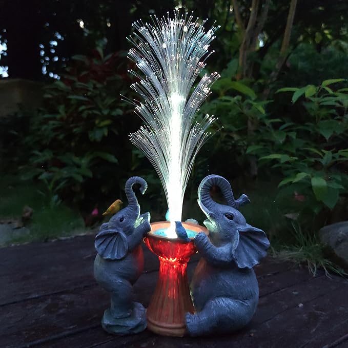 Elephant Statue Solar Garden Decor,Resin Elephant Statue and Colour Changing Optical Fiber Solar Lights,Outdoor Decor for Balcony, Garden, Patio, Yard, Lawn, Gifts for Mom Grandma-VerdiqueGarden