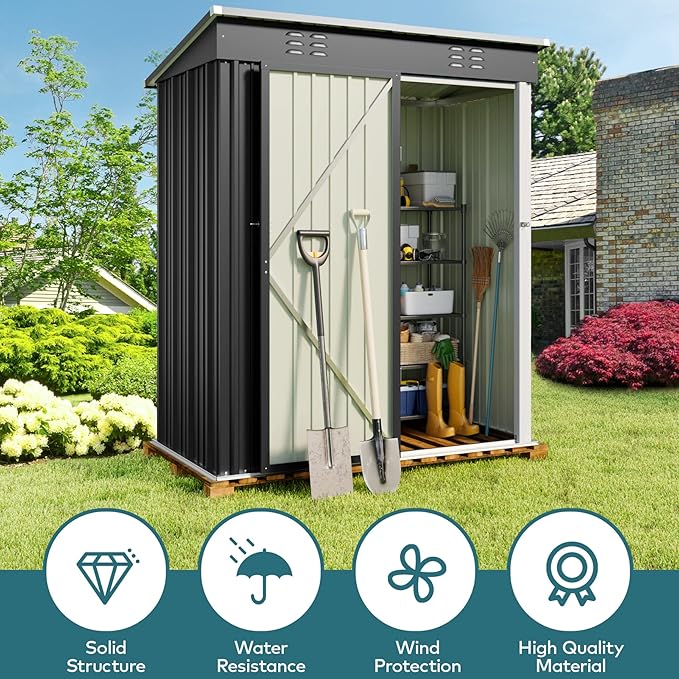 Gizoon 5 'x 3'Outdoor Storage Shed with Singe Lockable Door,Galvanized Metal Shed with Air Vent Suitable for The Garden,Tiny House Storage Sheds Outdoor for Backyard Patio Lawn-Dark Gray-VerdiqueGarden