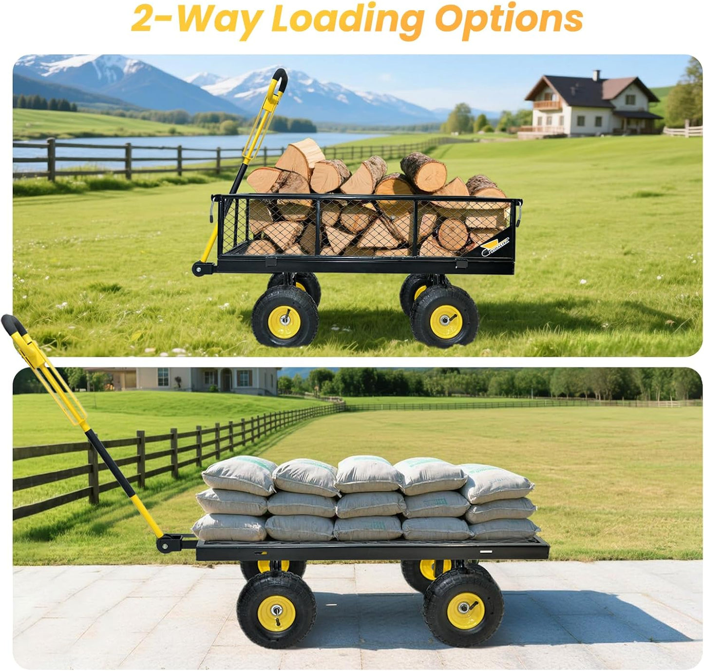 950 lbs Steel Garden Cart, Heavy Duty Yard Utility Wagon with 10" Pneumatic Tires, Removable Mesh Sides and 180° Rotating Anti-Slip 2-in-1 Convertible Handle-VerdiqueGarden