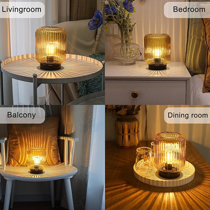 Battery Operated Lamp, Cordless Table Lamps for Home Decor, Battery Powered Nightlight with LED Bulb, Decorative Glass Beside Lamp for Bedroom Living Room-Gold-VerdiqueGarden