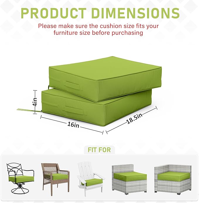 Patio Chair Cushions 18.5 X 16 X 4 Inch Waterproof Outdoor Seat Cushions for Patio Furniture, Outdoor Sofa Couch Pads with Ties & Handle, Set of 2, Grass Green-VerdiqueGarden