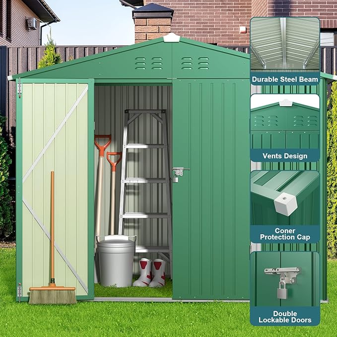 Gizoon Outdoor Storage Shed 8 x 6 FT, Galvanized Metal Garden Shed with Double Lockable Doors, Outdoor Storage Clearance for Backyard Patio Lawn-Green-VerdiqueGarden