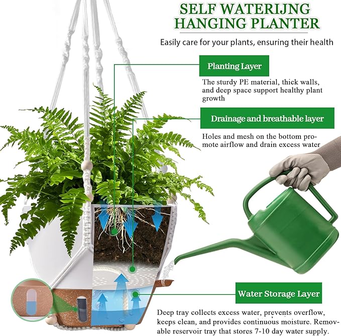 10 Inch Hanging Planters for Indoor Plants & Outdoor - 2 Pack Self-Watering Hanging Pots with Drainage Holes, Visual Reservoir, 2 Hangers - Self-Watering Hanging Baskets Flower Pots-VerdiqueGarden