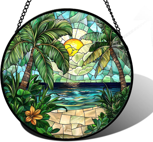 Stained Glass Window Hanging, Green Beach Scenery Suncatcher Diamond Glass Panel Hangings Sun Catchers Decor for Birthday for Women, Men, Wife, Aunt, and Mom 9.8 in-VerdiqueGarden