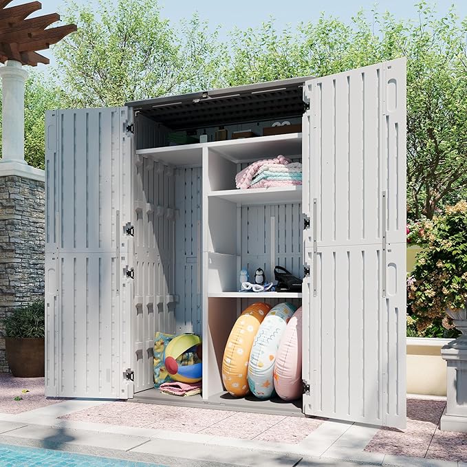 Aoxun 64 Cu.Ft Outdoor Storage Shed with Shelving Kit and Floor, Waterproof Horizontal Resin Cabinet for Trash Cans, Lawn Mowers, Generators, and Garden Tools-VerdiqueGarden