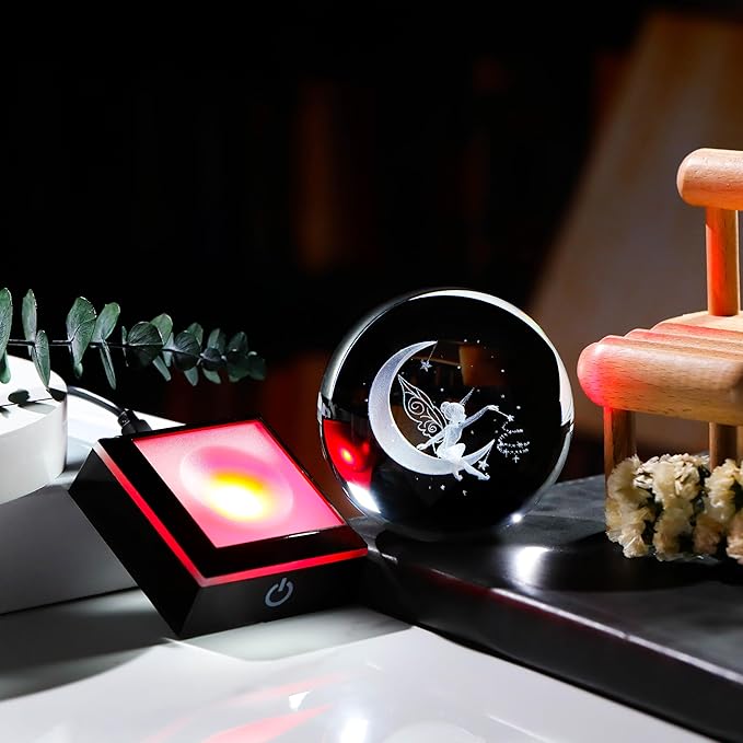 Qianwei Moon Fairy 3D Crystal Ball Laser Engraved Fairy Glass Ball Fairy Night Light Decorative Globes 3D Crystal Moon Sphere Fairy Gifts for Girl Her Fairy Lover-VerdiqueGarden