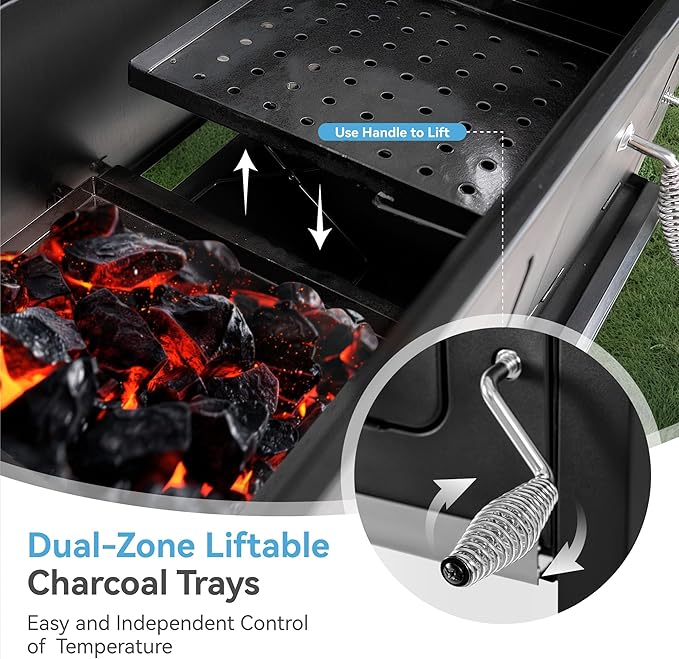 GREEN PARTY Barrel Charcoal Grill with Side Tables, 794 Square Inches Cooking Space, Large Charcoal BBQ Grill with 2 Height-Adjustable Charcoal Pans for Outdoor Backyard Patio Picnic Parties Camping-VerdiqueGarden