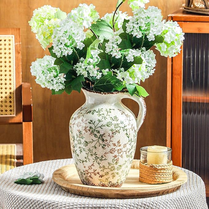 Enra Vintage vase,Ceramic Chinoiserie Floral Vase,Green and Beige Decorative Flower vase,Large Rustic Vases for Home Decors, Living Room, Bookshelf, Office，9.7 inch-VerdiqueGarden
