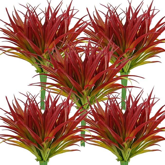 32Pcs Artificial Grass Fake Plants 17.3in Outdoor Plants UV Resistant Greenery Stems Fake Grass for Home Window Garden Office Patio Pathway Front Porch Décor Light Green & Red-VerdiqueGarden