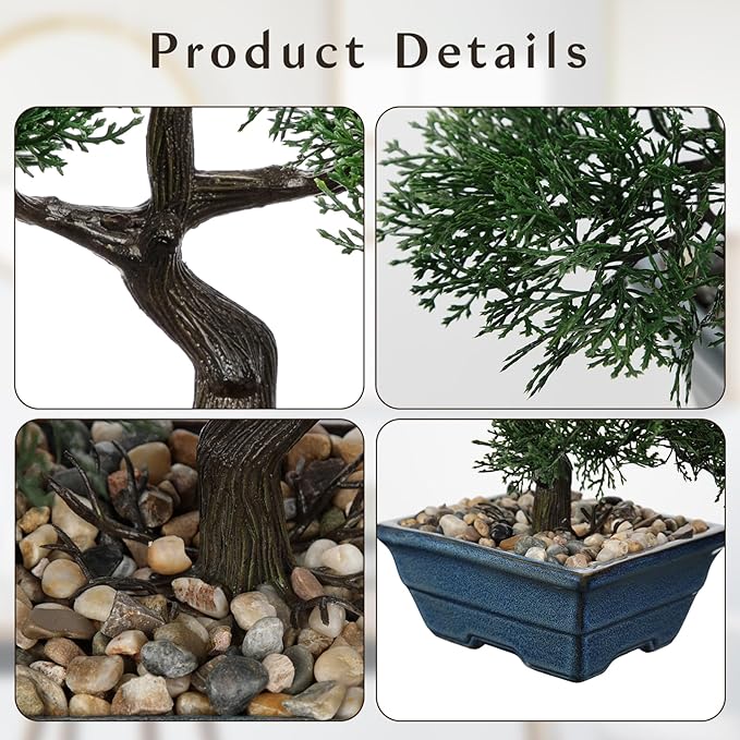 Artificial Bonsai Tree Juniper Faux Plants Indoor Fake Plants Decor with Blue Ceramic Pots for Home Table Office Desk Bathroom Shelf Bedroom Living Room Farmhouse Decorations-Pine-VerdiqueGarden