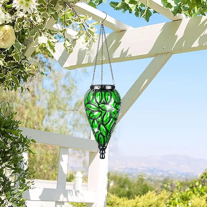 Solar Hanging Lantern Outdoor Lights, Tear-Shaped 15 LEDs Cool White Hanging Lights with S Hooks Decor in Garden, Yard, Pathway, Front Door and Landscape-VerdiqueGarden