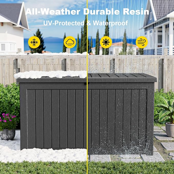 230 Gallon Outdoor Deck Box,Storage Lockable Waterproof Patio Furniture,Garden Tools,Cushions,Pool Accessories Outside Storage Resin Box(Black)-VerdiqueGarden