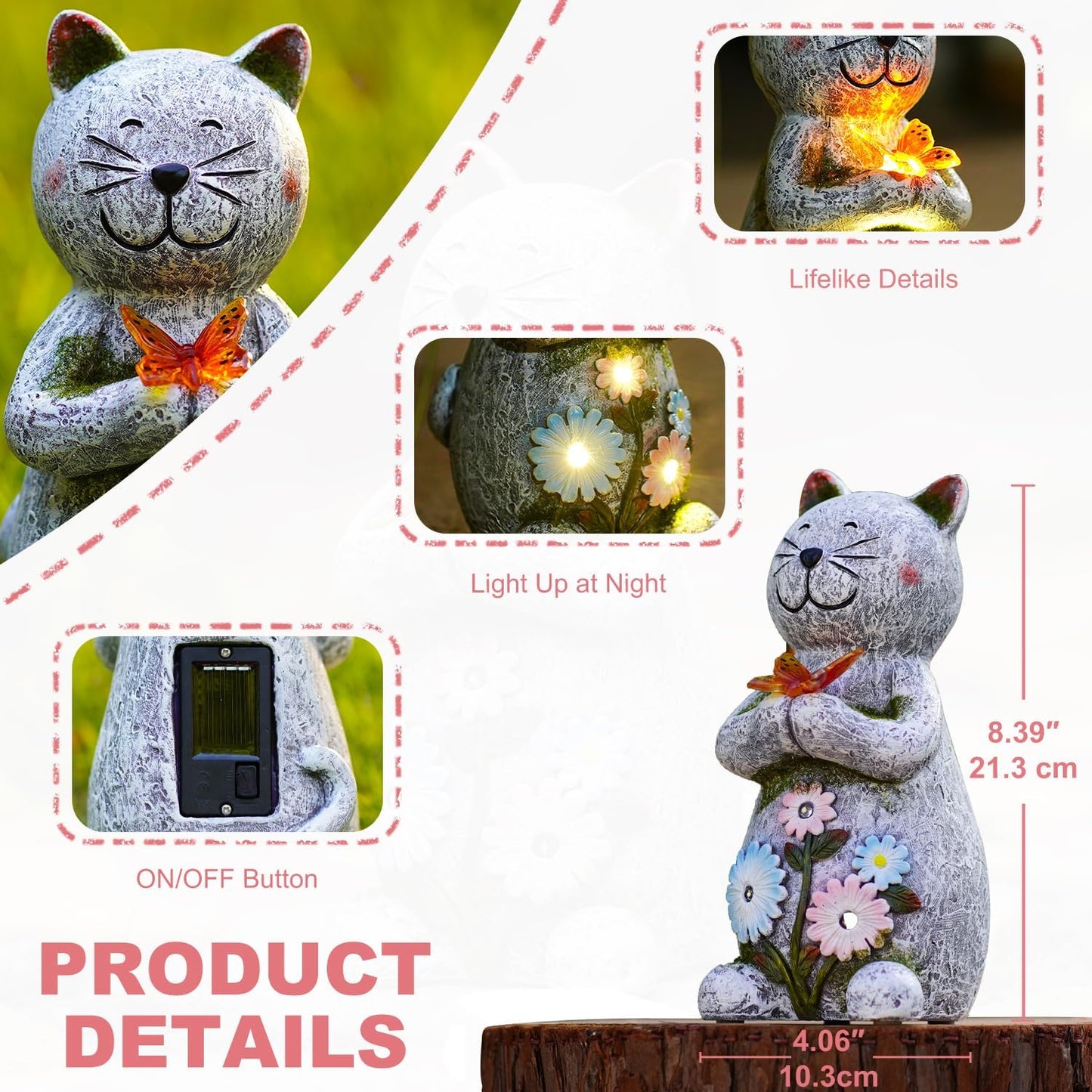 Solar Garden Statue Cat Figurine – Outdoor Decoration with Butterfly for Garden Yard Lawn Home Decor Outside : Unique Gifts for Mom Grandma-VerdiqueGarden