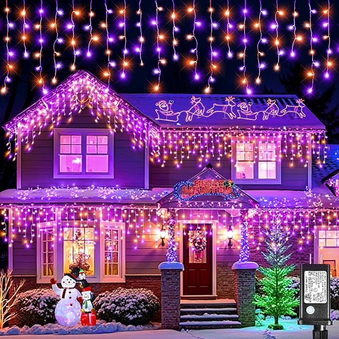 Christmas Icicle Lights Outdoor, 66ft 640 LED Icicle Lights for Outside with 8 Modes Timers, Waterproof Plug in Twinkle String Light for House Eave Patio Party Holiday Decorations, Purple Orange-VerdiqueGarden