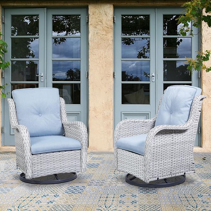 Outdoor Patio Swivel Rocker Chairs - Wicker Rattan Patio Swivel Rocking Chairs Set of 2 with High Back,Deep Seating and Comfort Cushions for Deck Porch Garden,Light Grey/SkyBlue-VerdiqueGarden