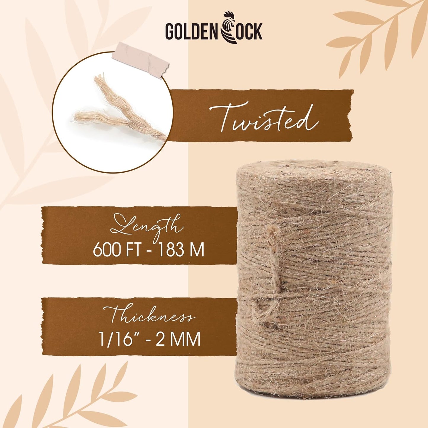 2mm - 600FT Natural Jute Twine Rope String - for Crafts Gardening Plant Accessories Gift Wrapping, Arts Packing Material Christmas Twine Bulk Wedding Decor-VerdiqueGarden