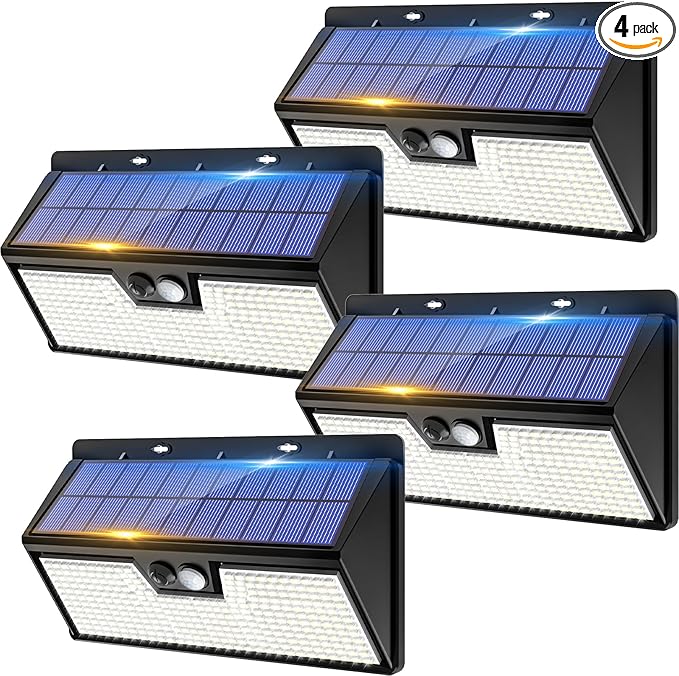 4 Pack Solar Lights Outdoor Motion Sensor, 318 LED Waterproof Fence Light with 3 Lighting Mode, Cool White LED Deck Light for Outside Wall Yard Chichen CoopGarden-VerdiqueGarden