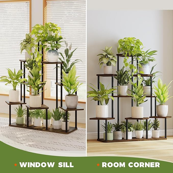 Bamworld Large Plant Stand Indoor, 9 Tier Tall Metal Plant Shelf for Multiple Plants, Tiered Flower Stand for Patio Garden Balcony Living Room Bedroom(Brown)-VerdiqueGarden