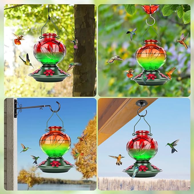 BOLITE Hummingbird Feeder, Glass Hummingbird Feeders for Outdoors Hanging, 22 Ounce, Five Feeding Ports with Perch, Peony Flower Shape, Red and Green, Gifts for Women Men, Gifts for Mom Dad-VerdiqueGarden