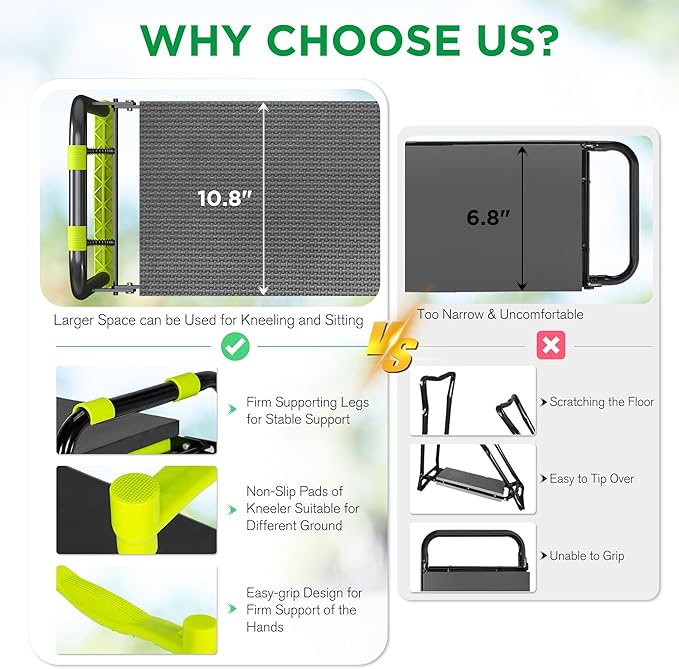 10.8” Wide Garden Kneeler and Seat, Heavy Duty Foldable Gardening Stool with Tool Belt Pouch, Included Thickened Kneeling Pad, Portable Gardening Bench Chair for Seniors & Parents-VerdiqueGarden