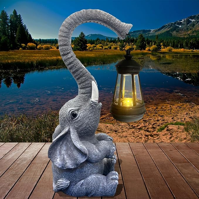 10.6 Inch Statue Elephant with Solar Outdoor Lights for Garden Decor，Lucky Present with Appeal for Birthdays(Man and Women and Family)，Unique Housewarming Presents and Yard Decor. (Gray)-VerdiqueGarden