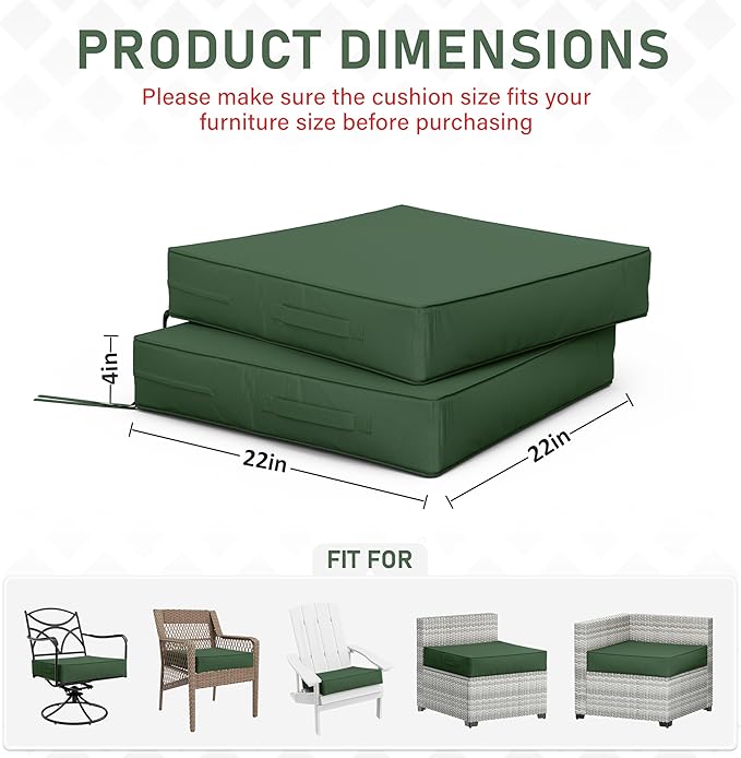 Patio Chair Cushions 22 X 22 X 4 Inch Waterproof Outdoor Seat Cushions for Patio Furniture, Outdoor Sofa Couch Pads with Ties & Handle, Set of 2, Green-VerdiqueGarden