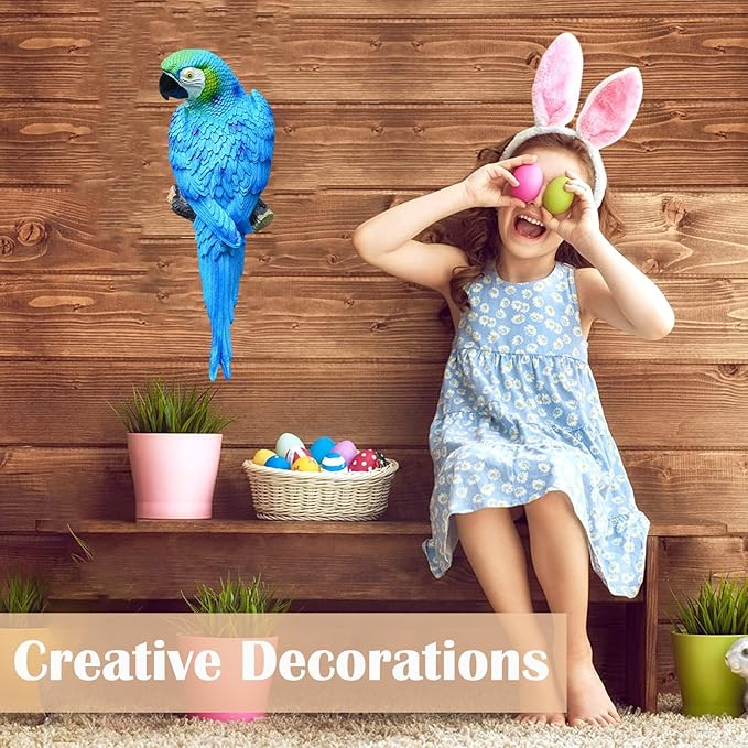 12inch Blue Parrot Tiki Bar Statue for Pool Decorations, Outdoor Parrot Deck Decor, Resin Plastic Parrot Sculpture for Porch, Life Size Tropical Birds for Yard, Tree Faces Animals(Blue)-VerdiqueGarden