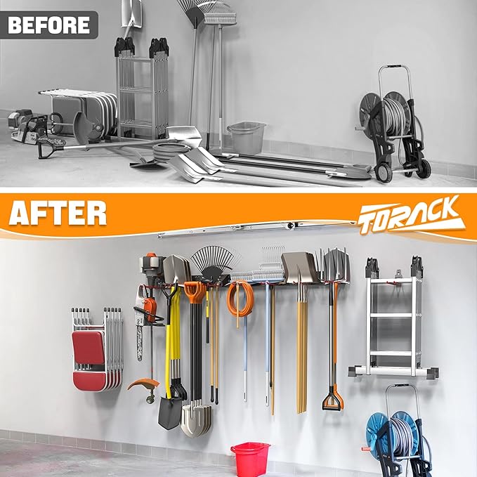 TORACK Garden Tool Organizer Wall Mount, Garage Folding Chair Storage Rack, Tools Rack for Shovels, Rakes, Broom, Ladders, Hooks for Keyhole Style Shelving Unit-VerdiqueGarden