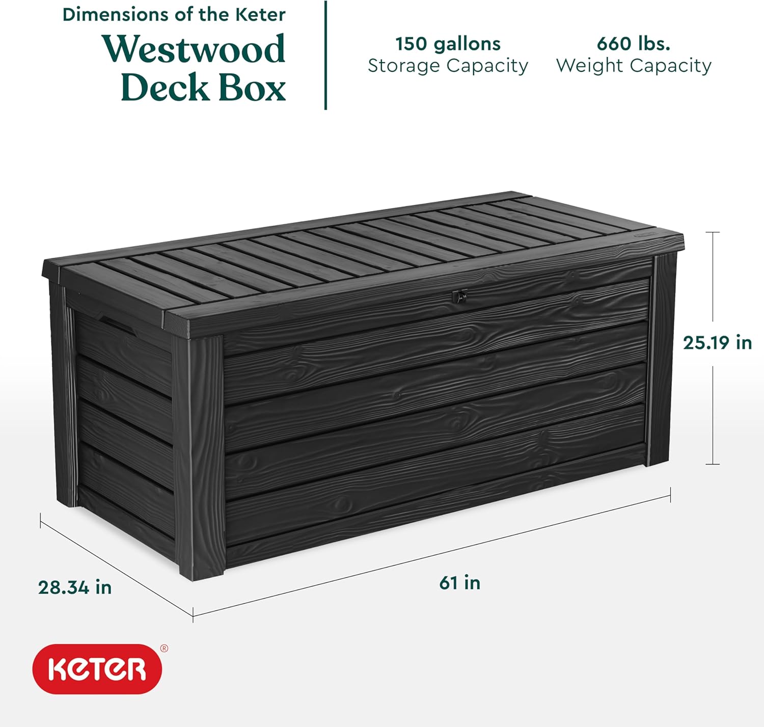 Keter Westwood 150 Gallon Resin Large Outdoor Storage Box for Patio Furniture, Outdoor Cushions, Garden Tools and Pool Floats, Dark Grey-VerdiqueGarden