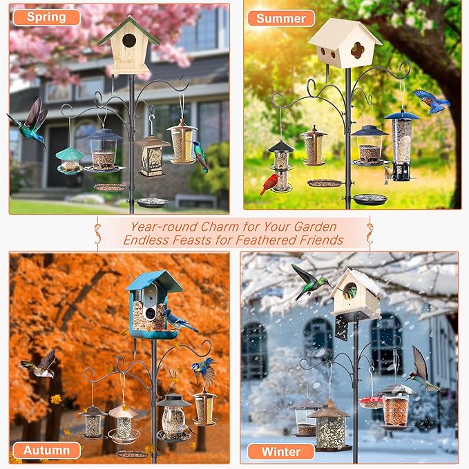 eWonLife 92 Inch Bird Feeder Pole with Squirrel Baffle & Upgraded 9-Prong Base, Adjustable Bird House Pole for Outdoors Heavy Duty, Bird Feeder Stand Post Station with 4 Shepherd Hooks, Birdbath, Tray-VerdiqueGarden
