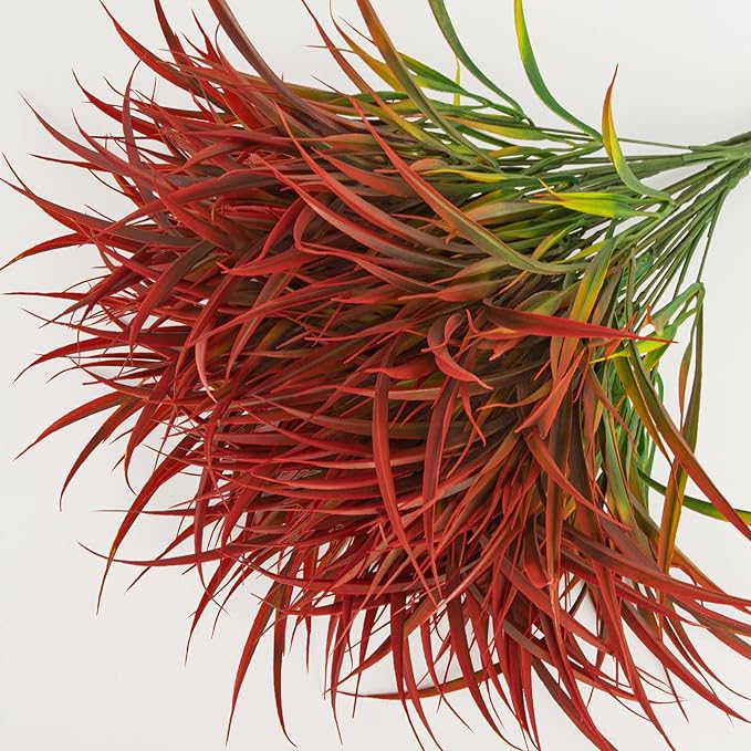 Ouddy Decor 16 Bundles Artificial Plants Outdoor Fake Grass Greenery Stems UV Resistant Faux Plastic Plants Shrubs for Autumn Home Garden Pathway Farmhouse Front Porch Harvest Thanksgiving Decor, Red-VerdiqueGarden