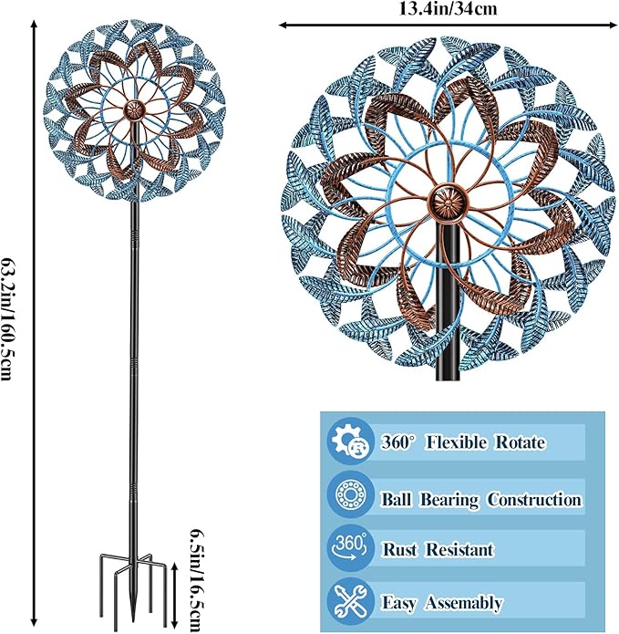 360° Wind Spinners Outdoor, Wind Sculptures Windmill with Metal Stake, Kinetic Large Metal Yard Art Decor Spinners Pinwheels for Garden Outside Patio Lawn, 63.2 * 13.2"-VerdiqueGarden