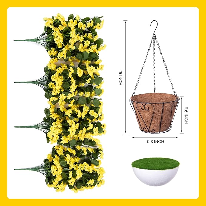 NXUGAO Artificial Flowers with Hanging Basket for Outdoors Indoors Decor, Faux Silk Chrysanthemum Plants in Baskets for Home Decoration Garden Yard Patio, 4 Bundles with 1 Basket-VerdiqueGarden