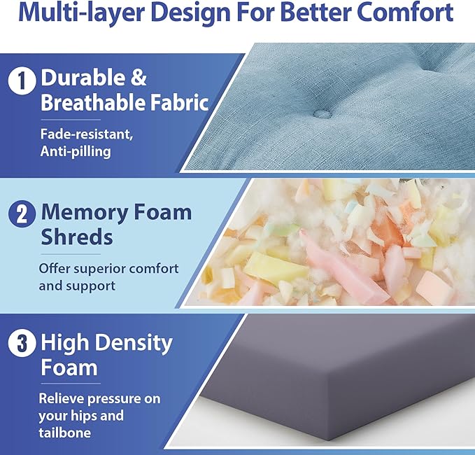 Chair Cushions for Dining Chairs, Dining Chair Cushions, Tufted Indoor Chair Pads with Ties & Non Slip Backing, Seat Cushions for Kitchen Chairs 16.5” x 16.5” x 3.5”, Set of 4, Light Blue-VerdiqueGarden