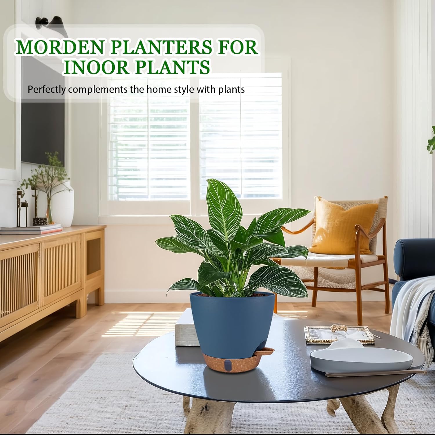 2 Pack 8 inch Plant Pots, Plastic Self Watering Planters with Drainage Holes, Deep Reservoir, Water Level Indicator, Modern Decorative Flower Pots for Indoor Outdoor Plants (Navy Blue, 8 inch)-VerdiqueGarden