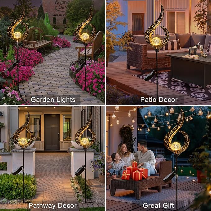 HOMEIMPRO Outdoor Garden Solar Lights Stake，Crackle Glass Globe,Metal Flower Waterproof LED Fairy Lights for Pathway,Lawn,Patio or Courtyard,Gardening Gift (Bronze)-VerdiqueGarden