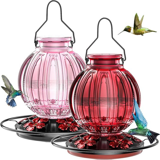 2 Pack Glass Hummingbird Feeder for Outdoors Hanging, Bird Nectar Feeder with Perch & 5 Flower Feeding Ports, 26 Oz Leak Proof for Outside Garden Decor Backyard, Gifts for Women Mom, Red & Pink-VerdiqueGarden
