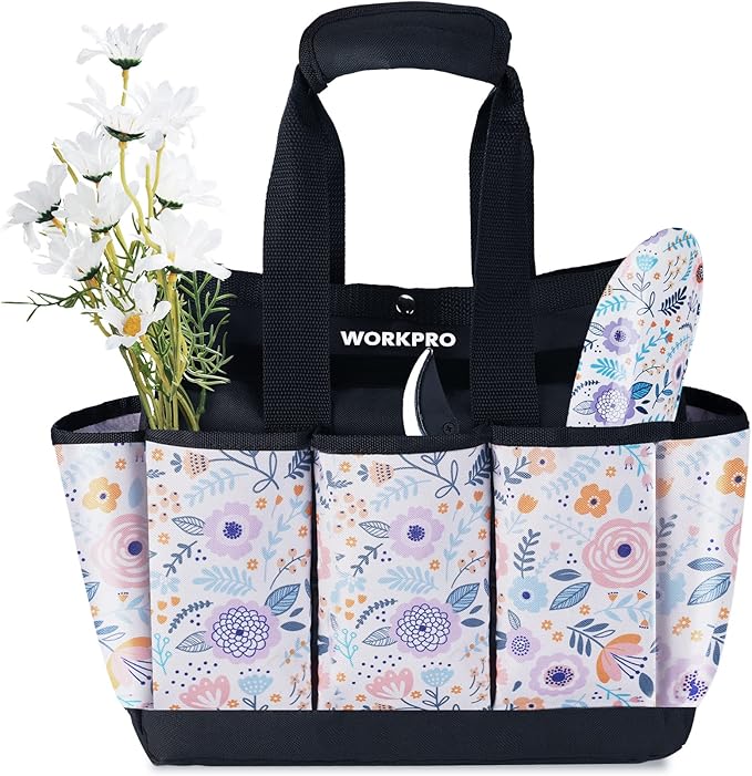 WORKPRO Garden Tool Bag, 9 Pockets Gardening Bag, Heavy Duty Oxford Garden Tote Caddy (Tools NOT Included), 12" x 12" x 6" (Floral White)-VerdiqueGarden