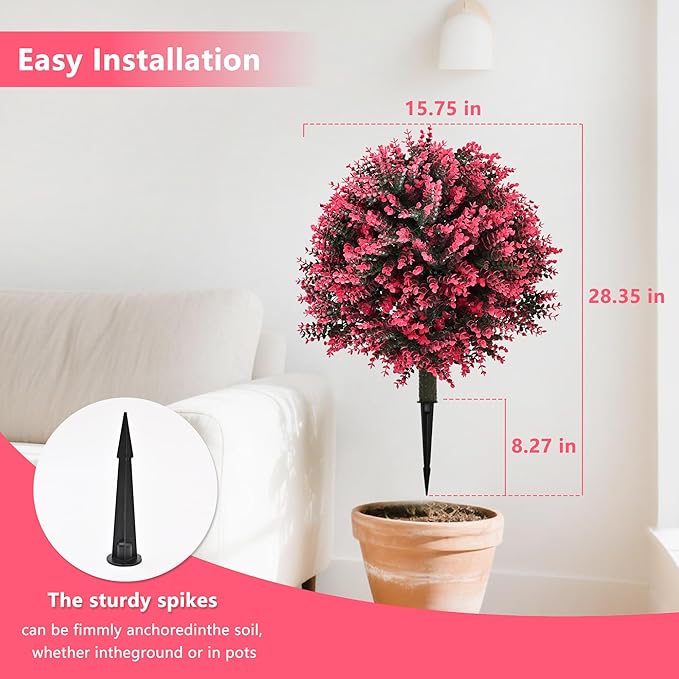 28" Set of 2 Artificial Boxwood Topiary Ball Bush for Outdoor with Ground Spike, UV Resistant Faux Greenery Shrubs, Fake Rose&Green Boxwood Plants for Garden, Yard, Porch, Patio Decor-VerdiqueGarden