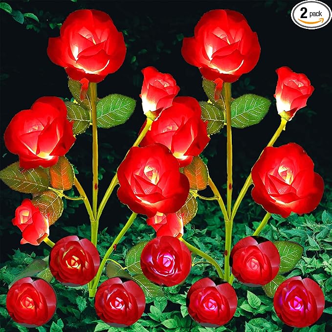 ANGMLN 2 Pack Solar Garden Lights, Solar Flower Lights Outdoor Waterproof with 10 Head Red Rose 7-Color Changing Landscape Light for Pathway Garden Patio Yard Valentine's Day Christmas Decoration-VerdiqueGarden