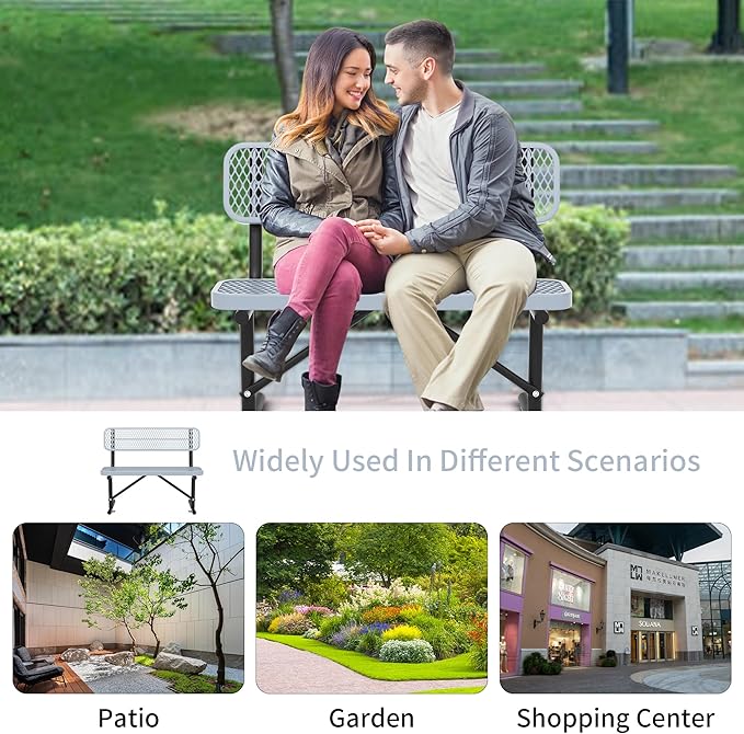 Heavy Duty Park Bench with Back Portable Frame, Outdoor Steel Bench with Backrest, Outdoor Park Bench Expanded Metal Mesh Bench for Lawn, Park, Deck, Garden, Patio, Porch, Black (Gray, 4FT)-VerdiqueGarden