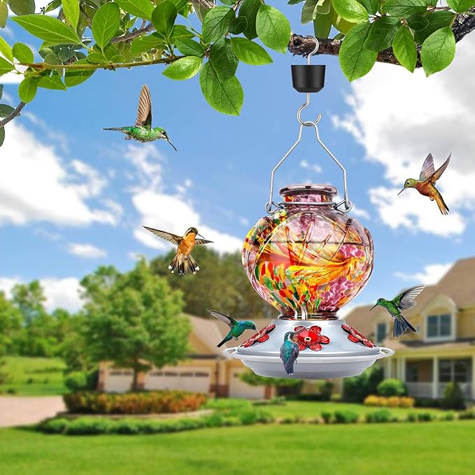 BOLITE Hummingbird Feeder, Hand Blown Glass Hummingbird Feeders for Outdoors Hanging, with Ant Moat and 5 Feeding Ports, 22 Ounces, Peony Flower Shape, Purple, Gifts for Women Men, Gifts for Mom Dad-VerdiqueGarden