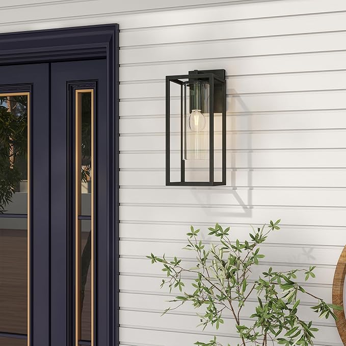 15.7 Inch Outdoor Wall Lights, Outdoor Wall Lantern with Circular Clear Glass Shade, Waterproof Exterior Lighting Fixtures, Modern Front Porch Lighting for House, Garage, E26 Base, ETL Listed, Black-VerdiqueGarden