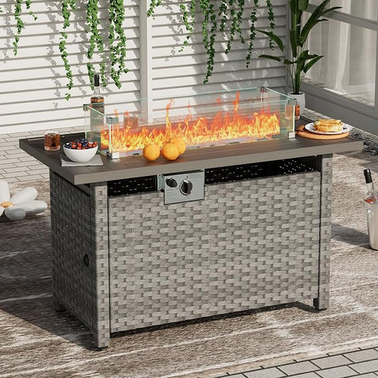 Propane Fire Pit Table Outdoor, 44" 60000BTU Auto-Ignition Fire Pits Table with Wind Guard Square Large Wicker Propane Firepits for Porch Garden(Grey,CSA Certified)-VerdiqueGarden
