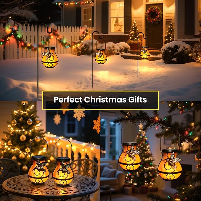 Solar Lights Outdoor Decorative, Hummingbird Flickering Flame Lantern Waterproof, Garden Decor Hanging Lights for Outside Patio Pathway Yard, Christmas Birthday Gifts, 2 Pack-VerdiqueGarden
