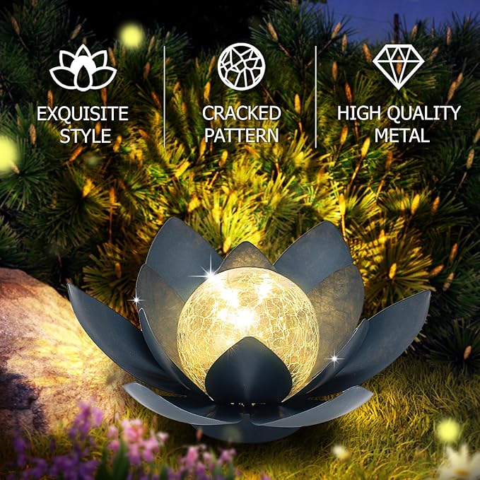 Huaxu Solar Lights Outdoor Garden Decor Crackle Glass Globe Lotus Flower Gray Metal Waterproof Light for Patio, Lawn, Walkway, Tabletop, Ground,Christmas Gifts for Mom,Women-VerdiqueGarden