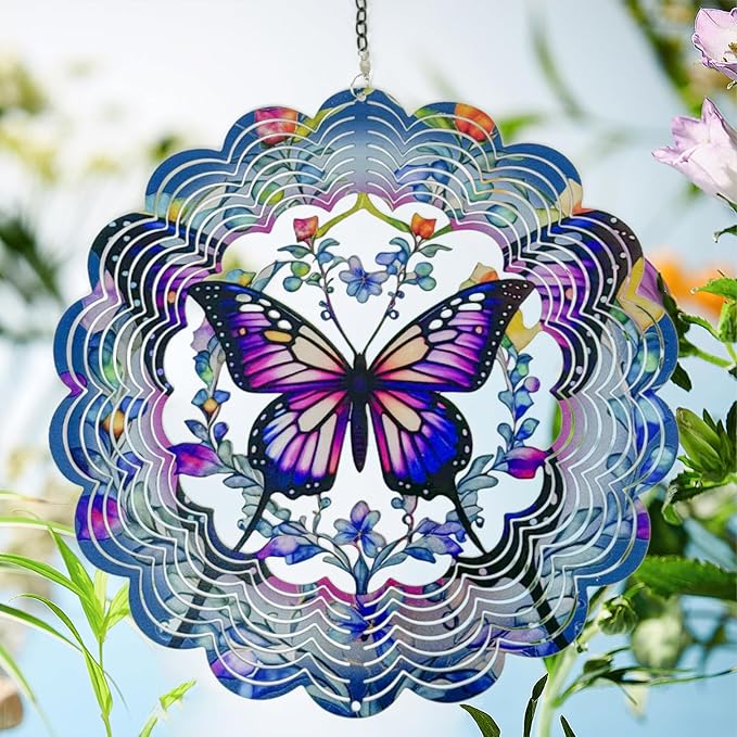 Wind Spinners Metal Butterfly - Butterfly Gifts for Women Mom Grandma Wife, Hanging Wind Spinner for Outdoor & Indoor Decorations, 12 inch 3D Wind Spinner for Ornament Gifts-VerdiqueGarden